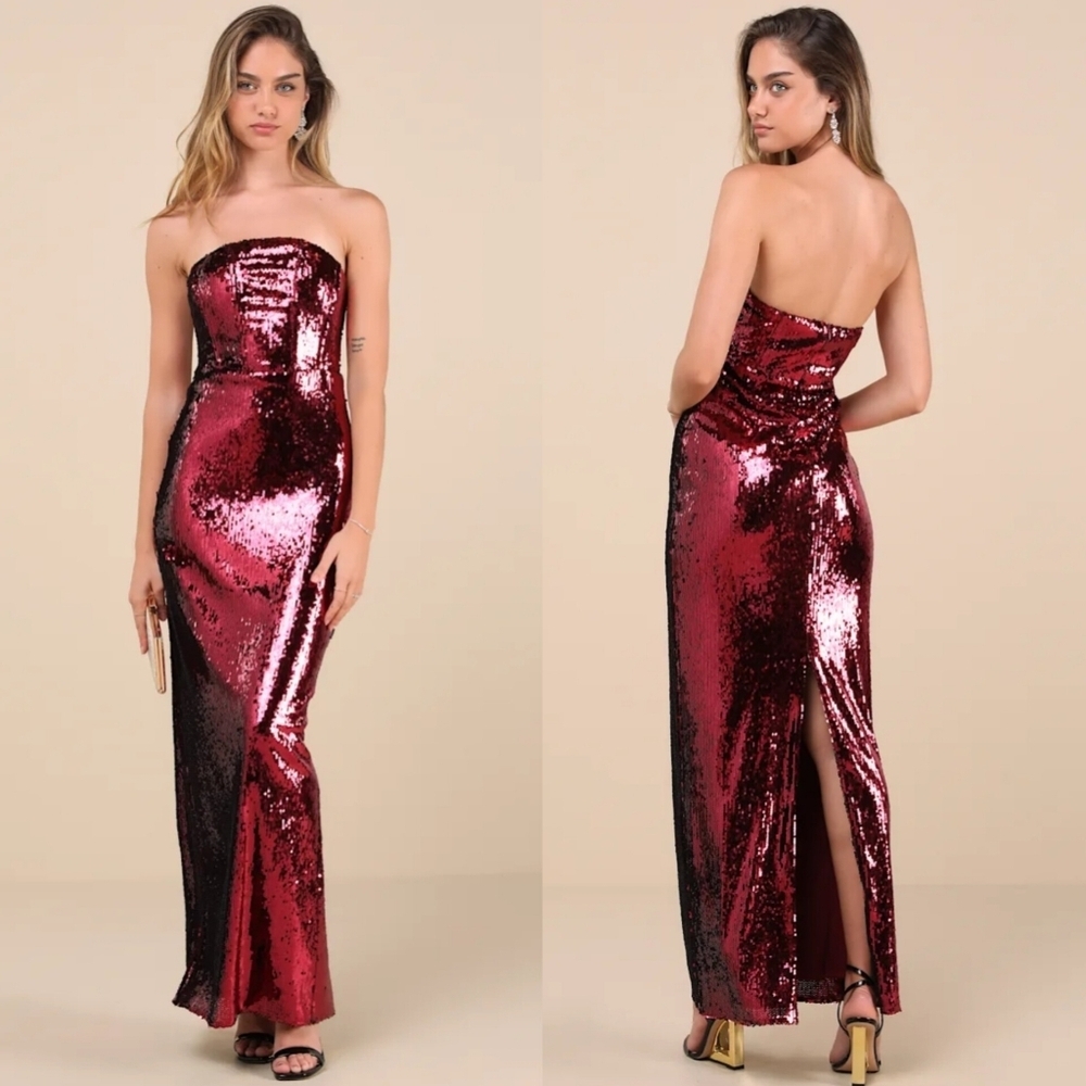 Lulus Dazzling Extravagance Red Sequin Strapless Bustier Maxi Dress XS Party NWT